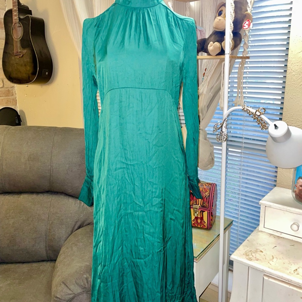 Elegant vintage handmade teal maxi dress made w/silky satin - App small